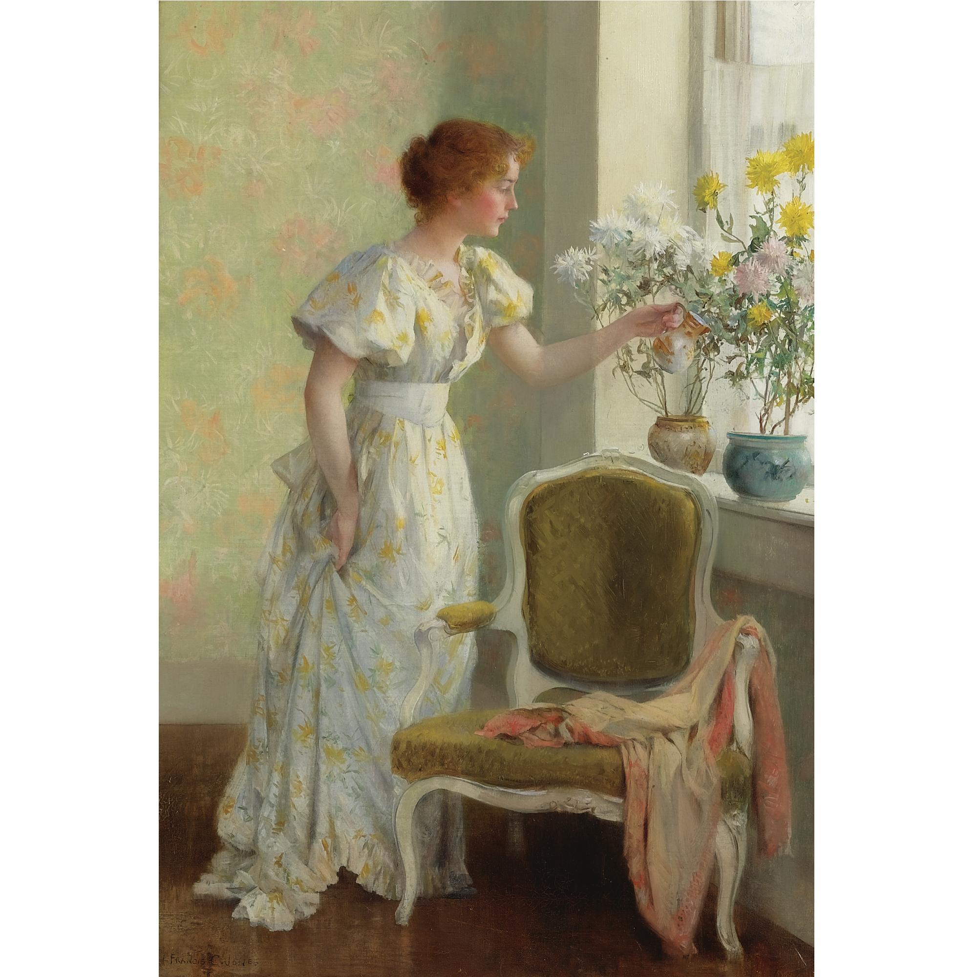 Francis Coates Jones - Lady Watering Potted Plants