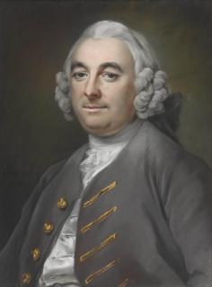 Francis Cotes, R.A. - Portrait of a gentleman, seated, half-length, in a grey coat with gold-stitched buttonholes