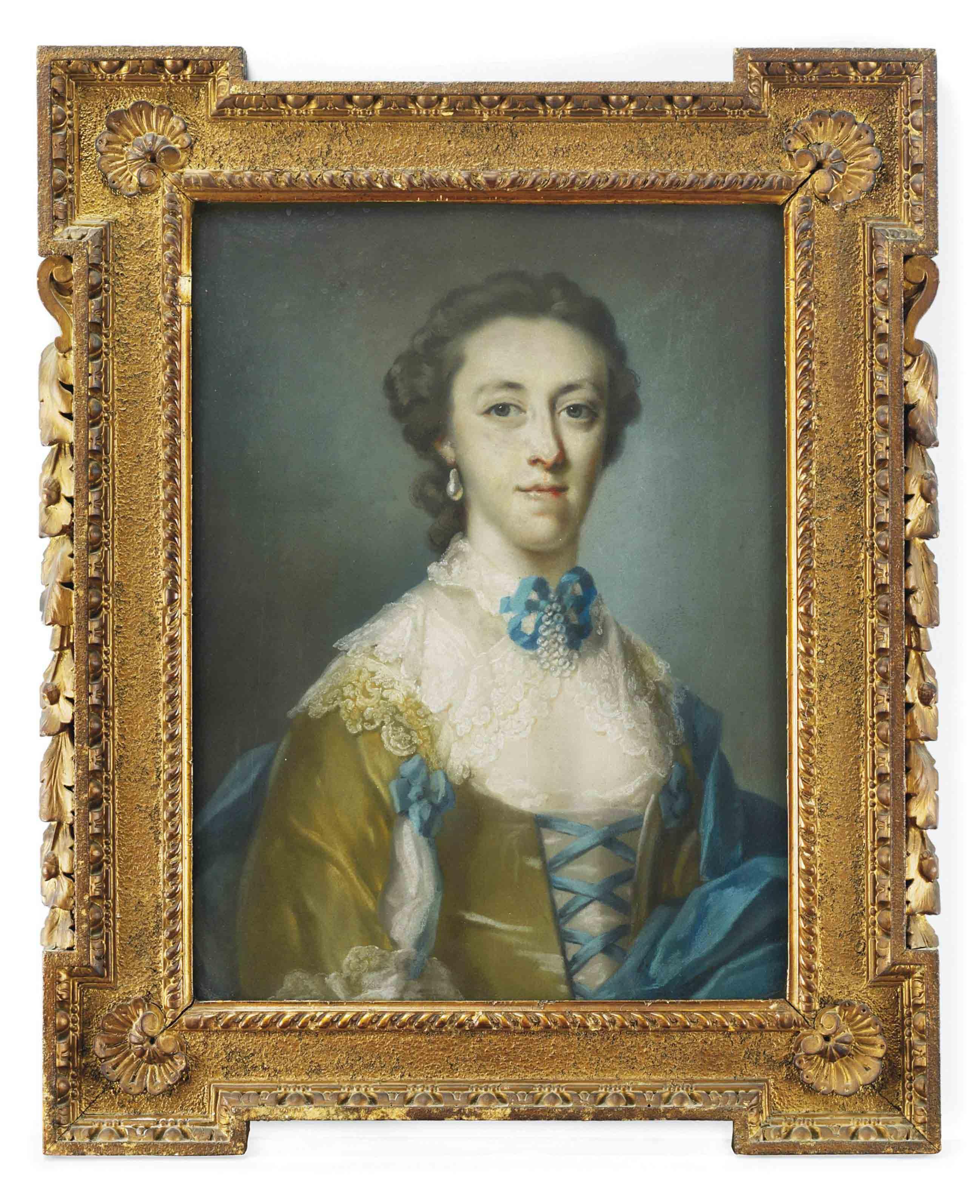 Francis Cotes, R.A. - Portrait of a lady traditionally identified as Miss Dering (d. 1816), bust-length, in an ochre silk dress and lace collar