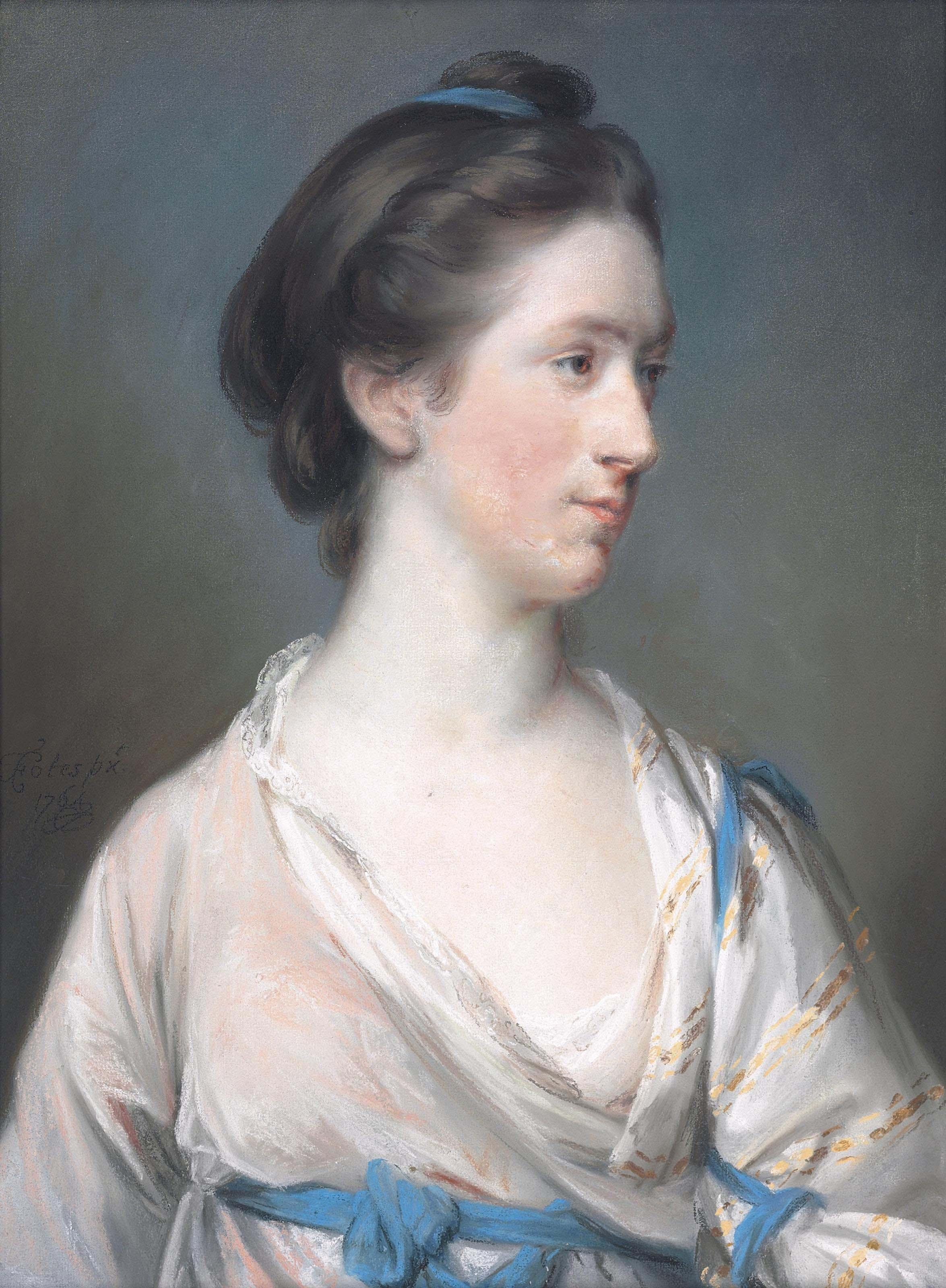 Francis Cotes, R.A. - Portrait of Dorothea Tucker (b. 1741), in a pale pink dress and blue shawl