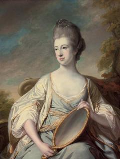 Francis Cotes, R.A. - Portrait of Mary Dering, seated, three-quarter-length, in an oyster satin dress with gold trim, holding a mirror, in a landscape