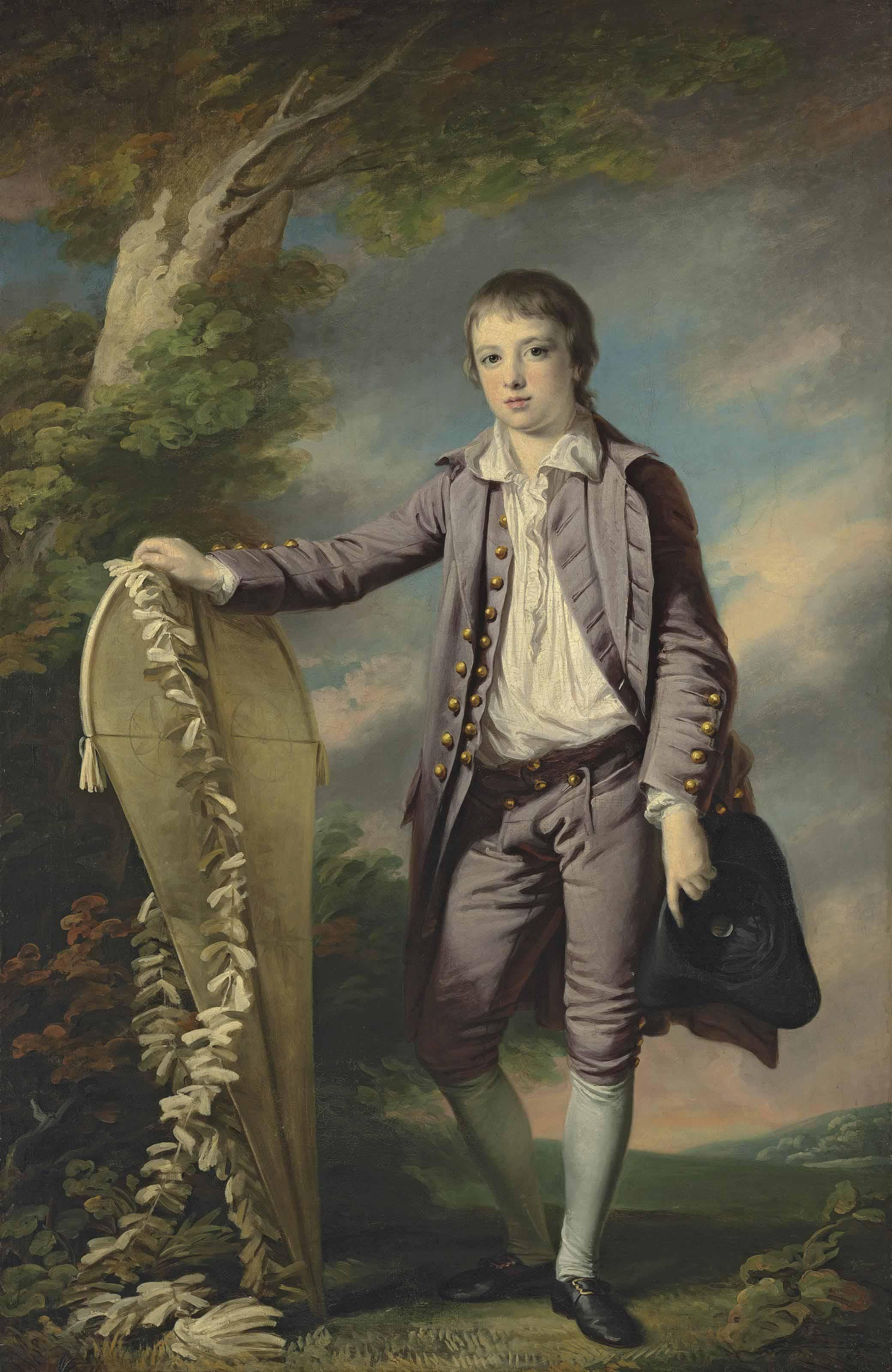 Francis Cotes, R.A. - Portrait of Master Smith, full-length, in a mauve coat and breeches, his right hand resting on a kite, in a landscape