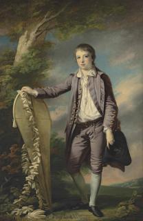 Francis Cotes, R.A. - Portrait of Master Smith, full-length, in a mauve coat and breeches, his right hand resting on a kite, in a landscape
