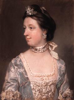 Francis Cotes, R.A. - Portrait of Rebecca Tucker, half-length, in a blue dress embroidered with roses and lace work