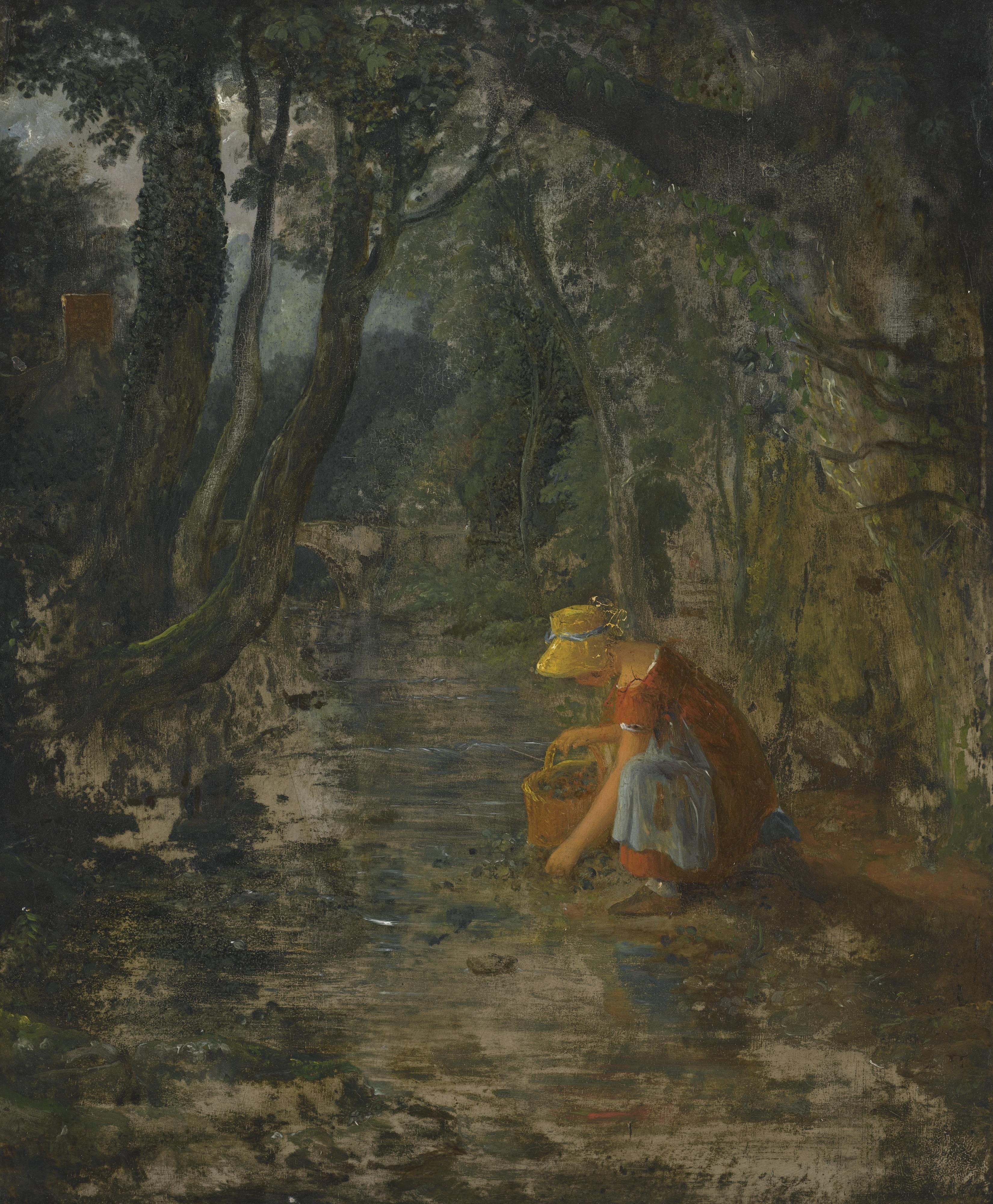 Francis Danby, A.R.A. - A Girl Collecting Berries By A Brook In A Wooded Landscape