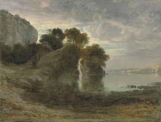 Francis Danby, A.R.A. - A rocky coastal bay with a boat moored in the foreground