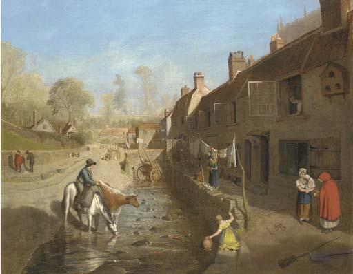 Francis Danby, A.R.A. - Figures by a village stream with figures by terraced houses