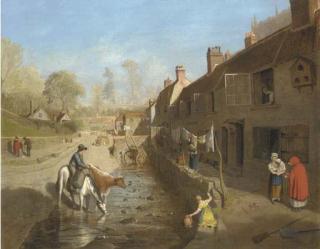 Francis Danby, A.R.A. - Figures by a village stream with figures by terraced houses