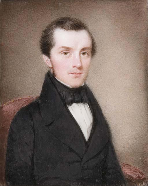 Francis Hargreaves - A couple: he, facing right in black coat, waistcoat and bow-tie; she, facing right in black dress with lace collar and matching bonnet, gold brooch at corsage; both seated in chairs