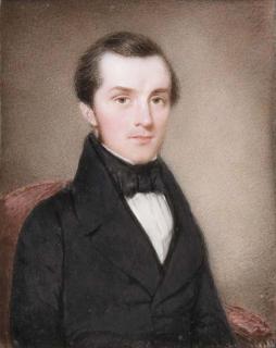 Francis Hargreaves - A couple: he, facing right in black coat, waistcoat and bow-tie; she, facing right in black dress with lace collar and matching bonnet, gold brooch at corsage; both seated in chairs