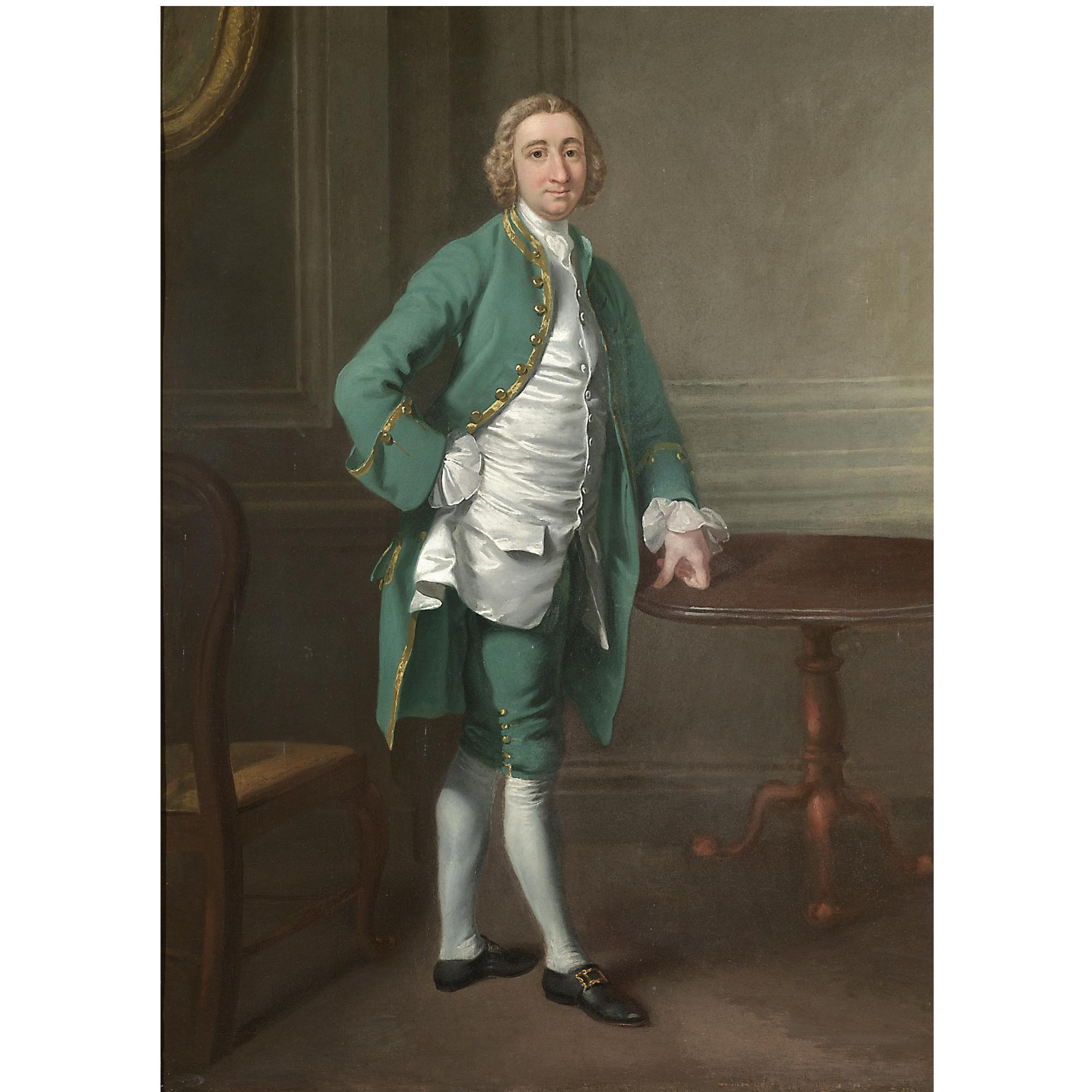 Francis Hayman R.A. - Portrait Of A Gentleman, Possibly Mr Goodyear St. John, Full Length, Standing By A Table, Wearing A Green Suit With A White Silk Waistcoat   