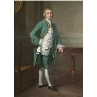 Francis Hayman R.A. - Portrait Of A Gentleman, Possibly Mr Goodyear St. John, Full Length, Standing By A Table, Wearing A Green Suit With A White Silk Waistcoat   