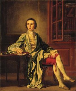 Francis Hayman, R.A. - Portrait of Joseph Henry of Straffan, Co. Kildare, full-length, seated at a table writing a letter, in a blue coat, yellow waistcoat and red breeches, beside a bookcase