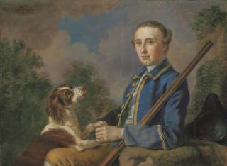 Francis Hayman, R.A. - Portrait of Sir Henry Paulet St. John, Bt., three-quarter-length, seated in a landscape with his gun and spaniel