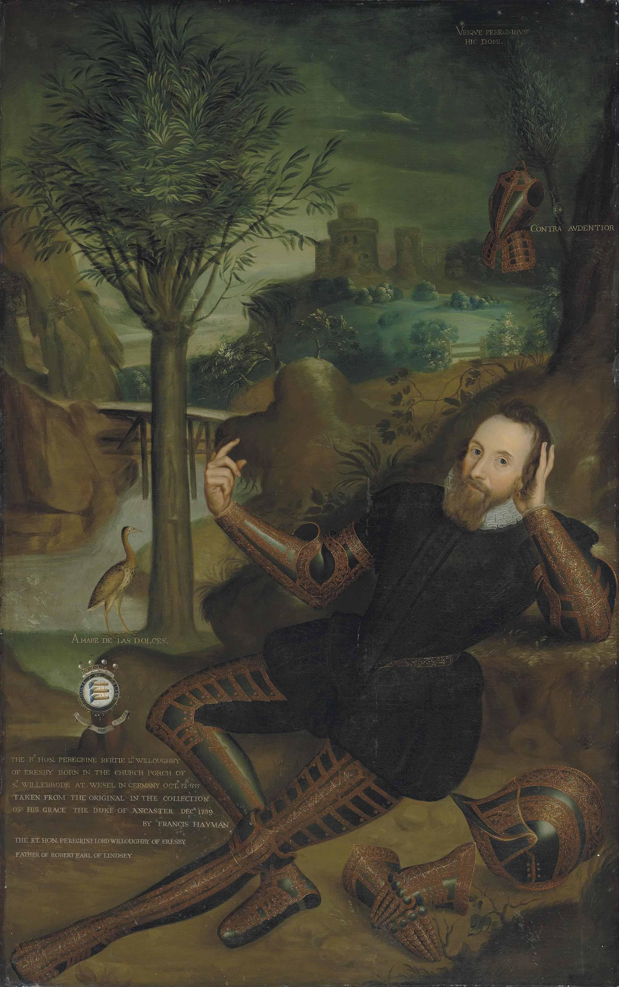 Francis Hayman - Portrait Of Peregrine Bertie, 13Th Lord Willoughby De Eresby (1555-1601), Full-Length, In A Black Doublet And Pantaloons, Wearing Damascened Armour, In A Wooded River Landscape By A Waterfall, With A Bridge And A Castle Beyond