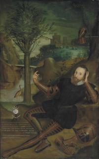 Francis Hayman - Portrait Of Peregrine Bertie, 13Th Lord Willoughby De Eresby (1555-1601), Full-Length, In A Black Doublet And Pantaloons, Wearing Damascened Armour, In A Wooded River Landscape By A Waterfall, With A Bridge And A Castle Beyond