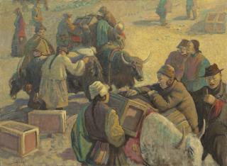 Francis Helps - The 1924 British Mount Everest Expedition: sherpas loading yaks with supplies