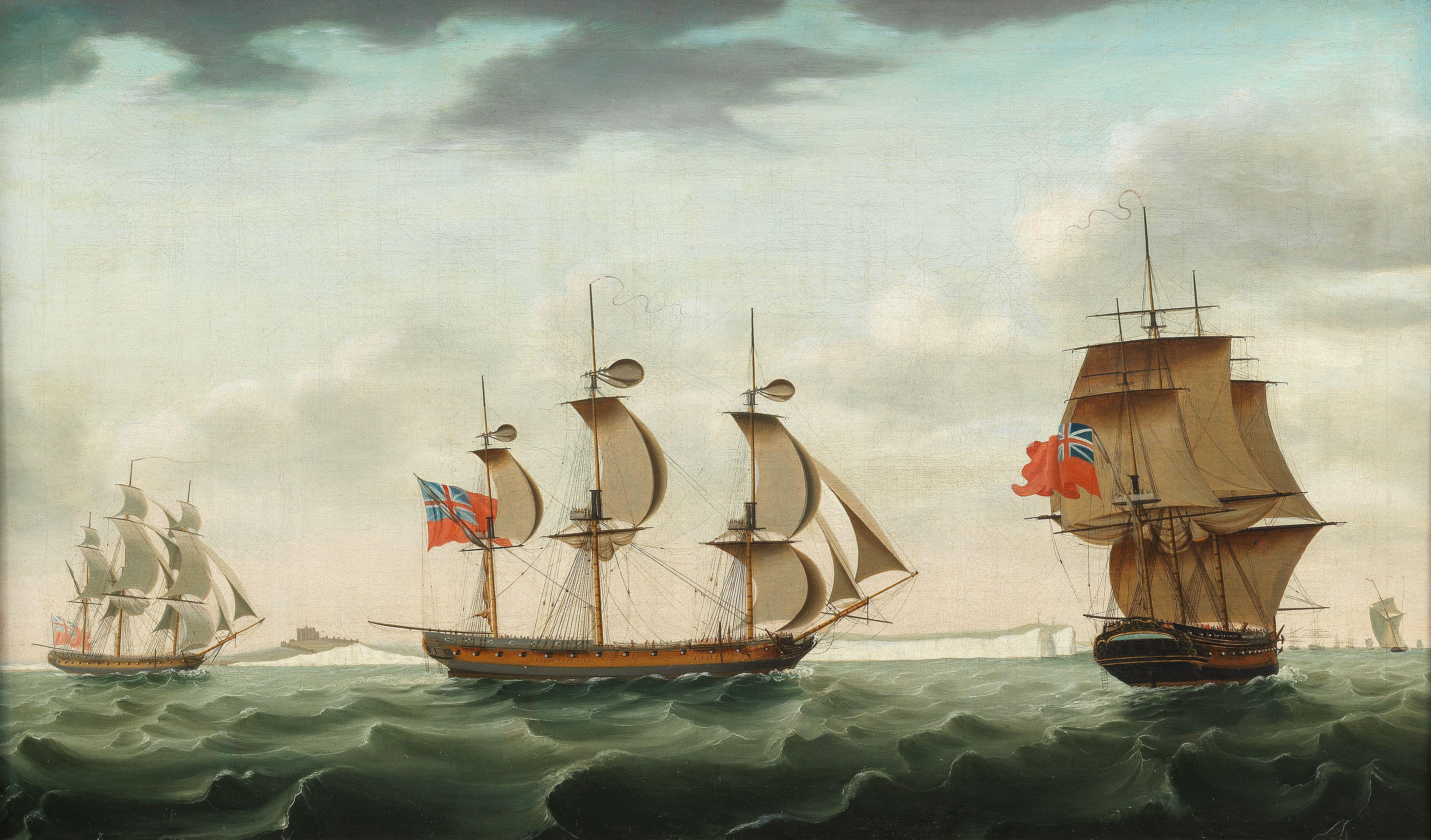 Francis Holman - A 40-gun frigate of the Royal Navy, in three positions, off Dover