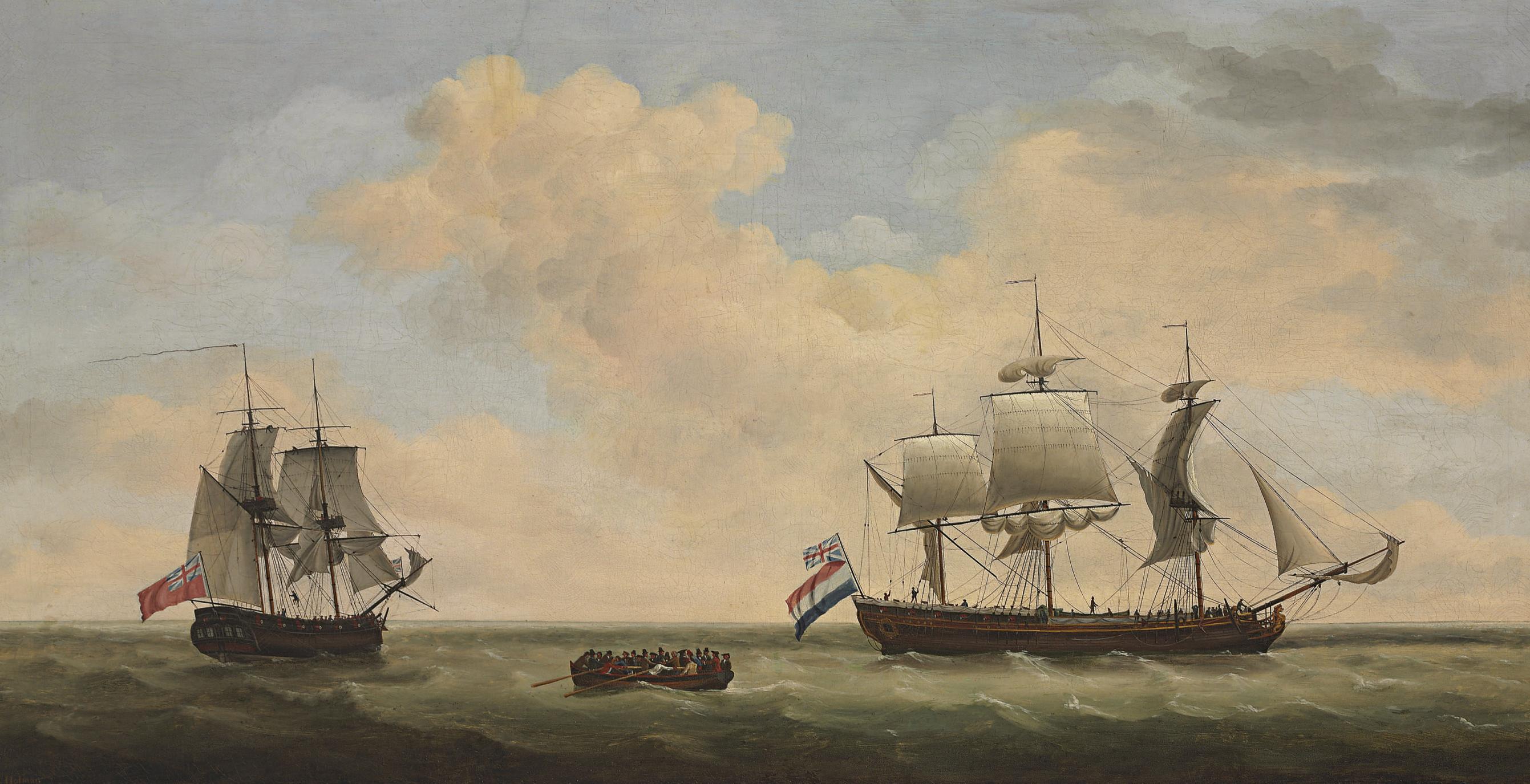 Francis Holman - A Royal Navy 14-gun brig accepting the surrender of a Dutch East Indiaman