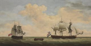 Francis Holman - A Royal Navy 14-gun brig accepting the surrender of a Dutch East Indiaman