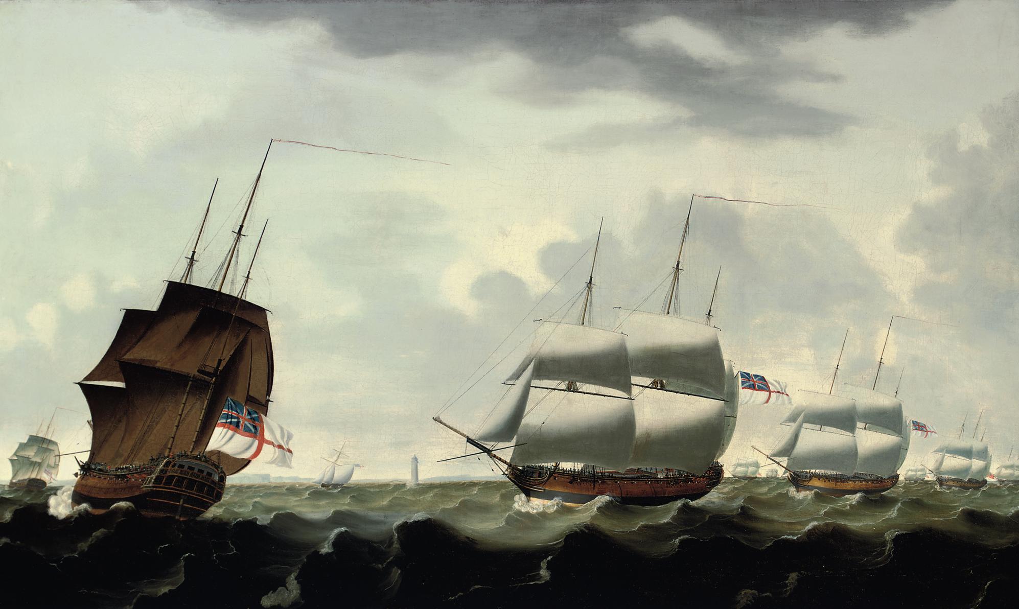 Francis Holman - A Squadron of the White beating down the Channel with the Eddystone lighthouse off to starboard