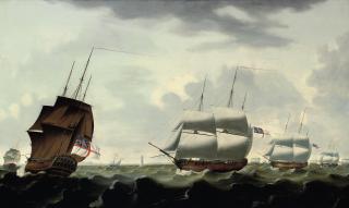 Francis Holman - A Squadron of the White beating down the Channel with the Eddystone lighthouse off to starboard