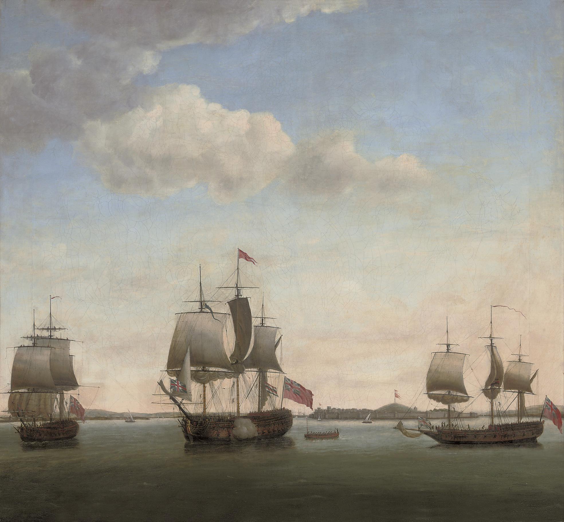 Francis Holman - Commodore James in the Protector, with the Revenge and the grab Bombay in the bay off the Suvarnadrug fort at Gheriah, India, April 1755