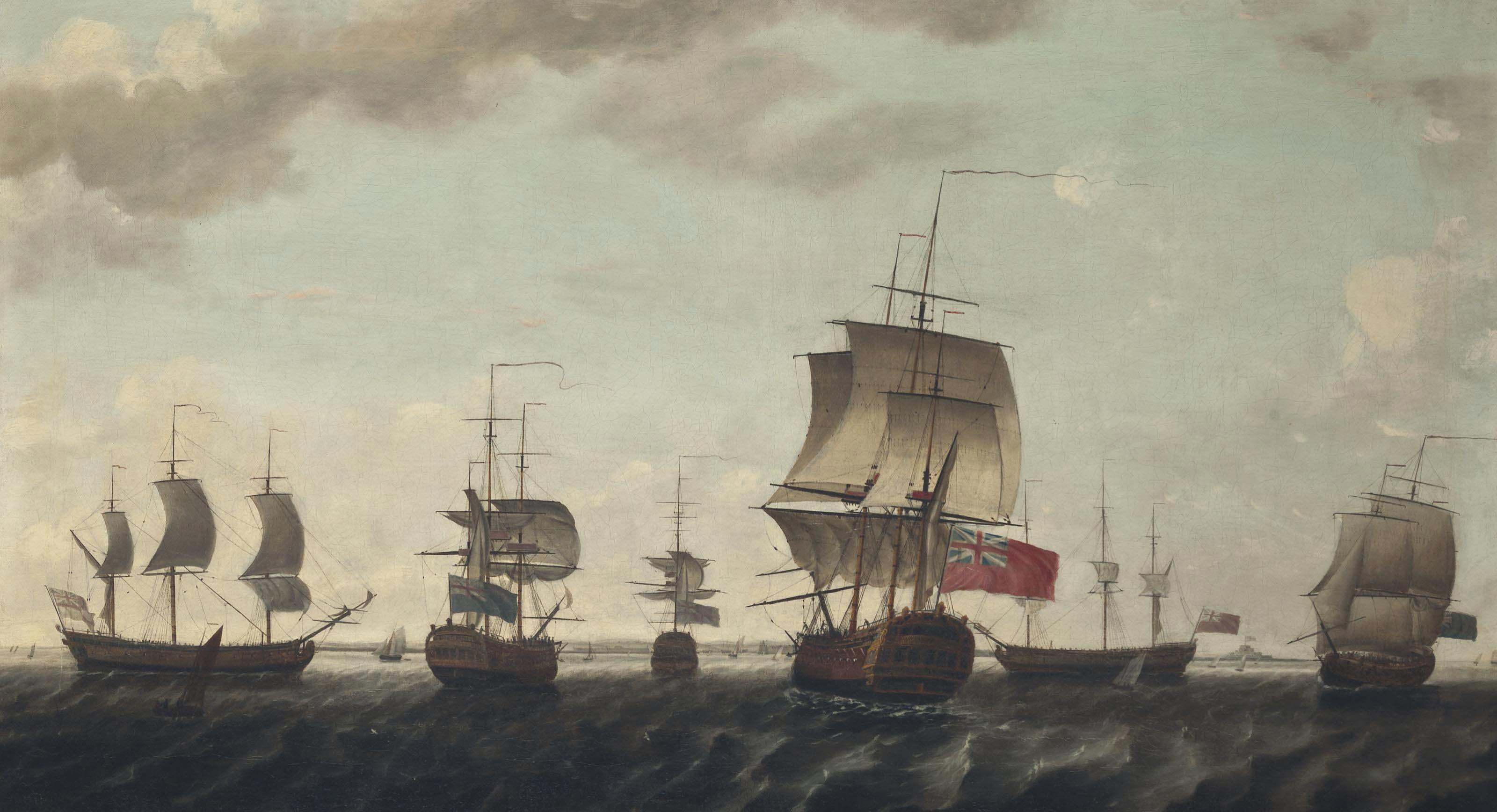 Francis Holman - East Indiamen, including the  Triton  and the  Egmont , and their escorts forming up into a convoy in the Channel and making ready for their journey eastwards to India and China