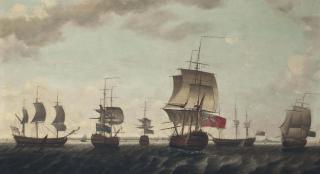 Francis Holman - East Indiamen, including the  Triton  and the  Egmont , and their escorts forming up into a convoy in the Channel and making ready for their journey eastwards to India and China