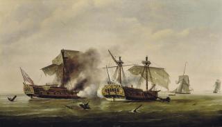 Francis Holman - H.M.S. Quebec ablaze at the end of her epic struggle with the French frigate Surveillante, 6 October 1779