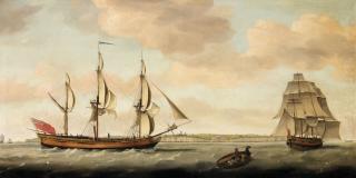 Francis Holman - The three-masted merchantman Ann Black in two positions off the South Foreland, inbound for London, with Dover Castle off her stern