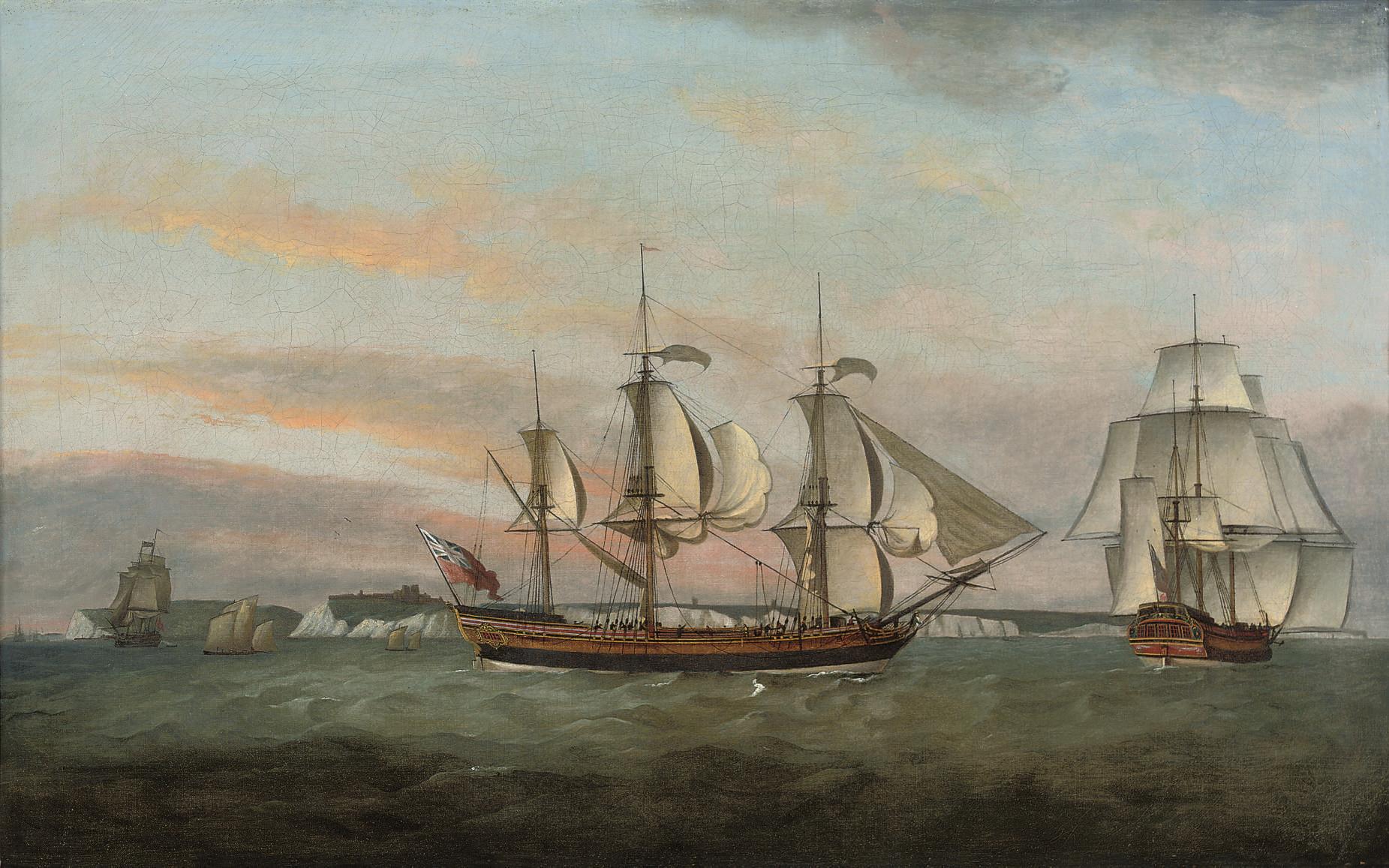 Francis Holman - The three-masted merchantman Ann Black in two positions off the South Foreland, inbound for London, with Dover Castle off her stern