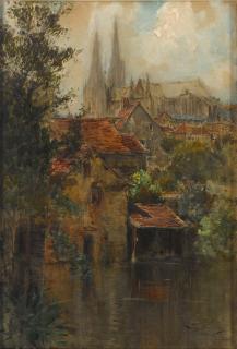 Francis Hopkinson Smith - Chartres Cathedral from across the L\'Eure River