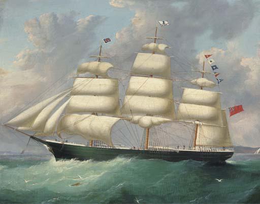 Francis Hustwick - The full-rigged ship Duisburg flying her number at sea