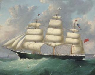 Francis Hustwick - The full-rigged ship Duisburg flying her number at sea