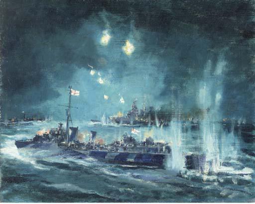 Francis Murray Russell Flint - Night Attack:  H.M.S. Zulu In Company With H.M.S. Cossack
