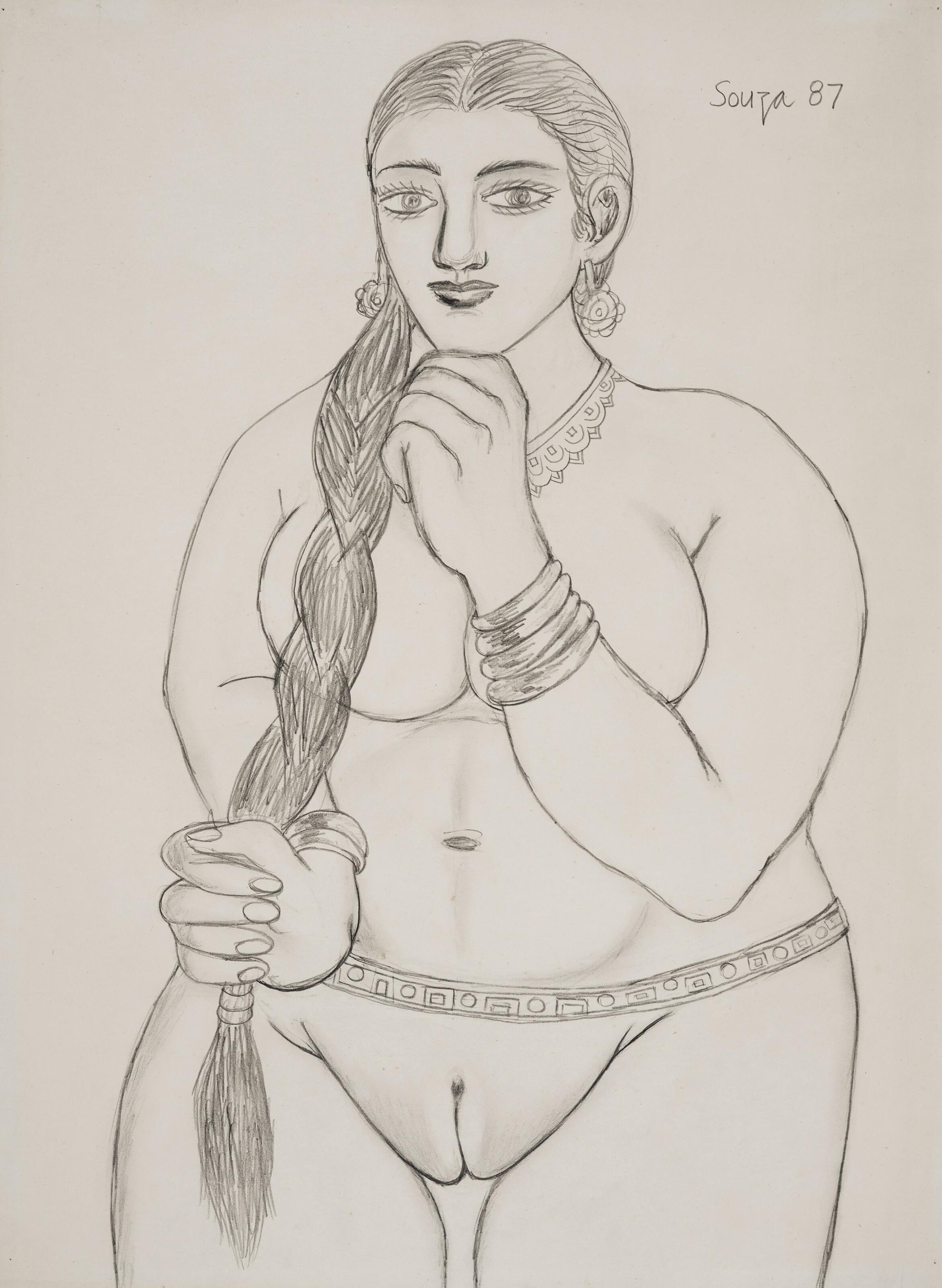 Francis Newton Souza - Untitled (Woman with Braided Hair)
