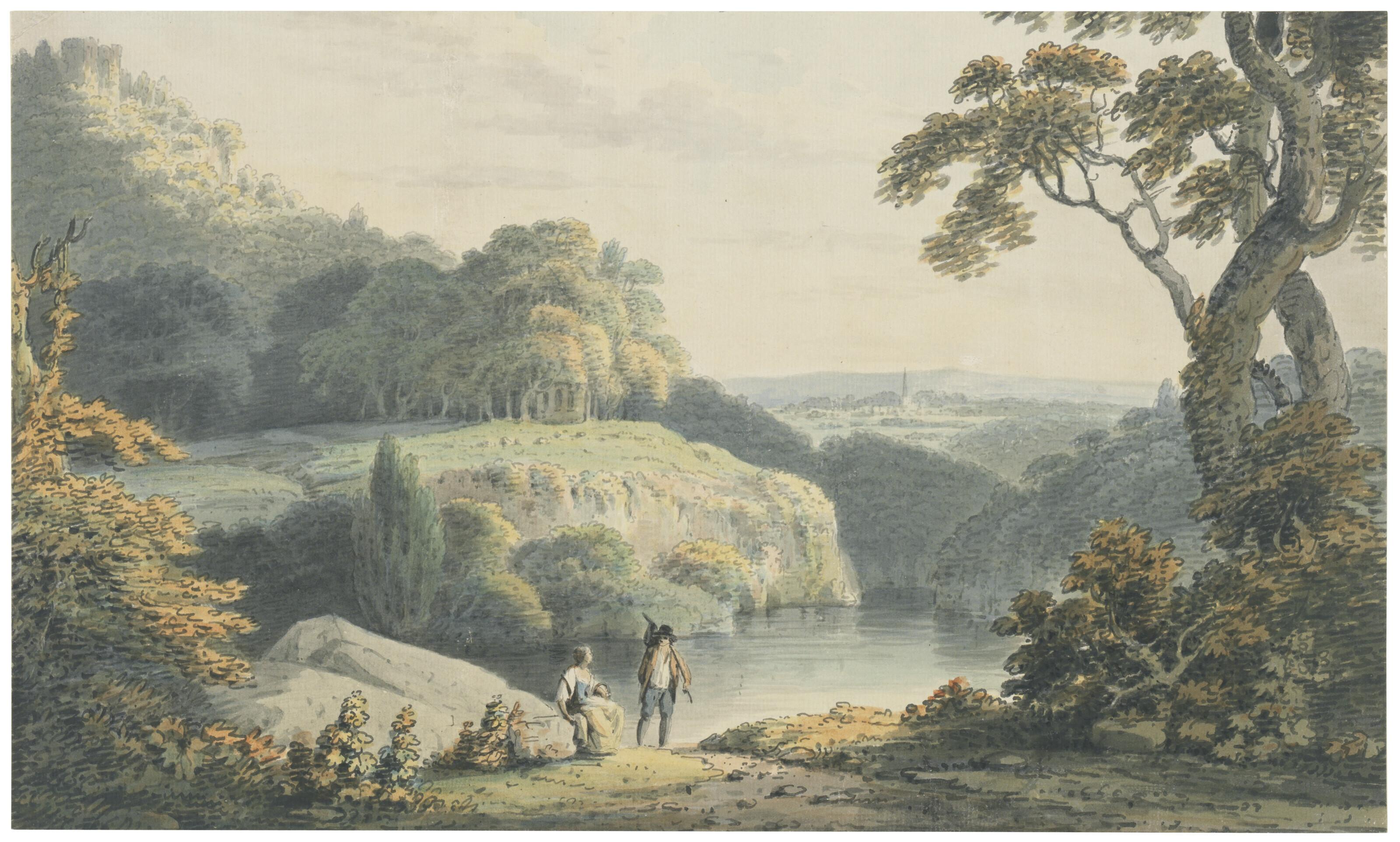 Francis Nicholson, O.W.S. - A castle above steep river banks with a spire in the distance