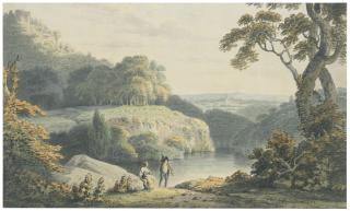 Francis Nicholson, O.W.S. - A castle above steep river banks with a spire in the distance