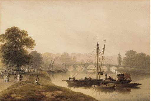 Francis Nicholson O.W.S. - Figures before Richmond bridge