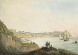 Francis Nicholson, O.W.S. - Figures conversing on a hill overlooking ships anchored in Scarborough Bay, the castle beyond