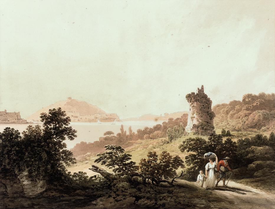 Francis Nicholson, O.W.S. - Travellers before a ruined tower above the Welsh coast