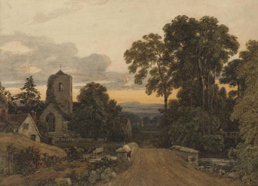 Francis Oliver Finch, O.W.S. - A Lone Figure On A Bridge Overlooking A Sleepy Village