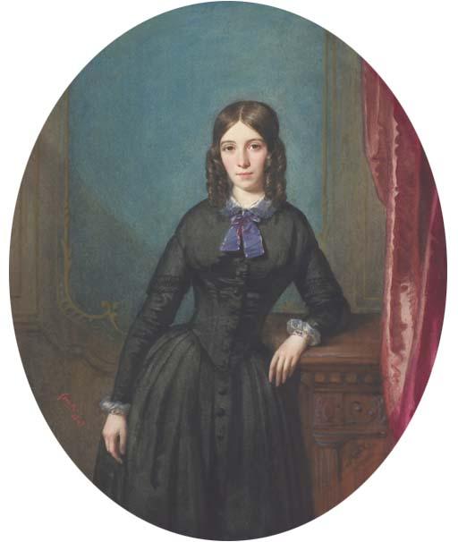 Francis Oliver Finch - Portrait de femme de trois-quart, accoudée à un meuble dans un intérieur