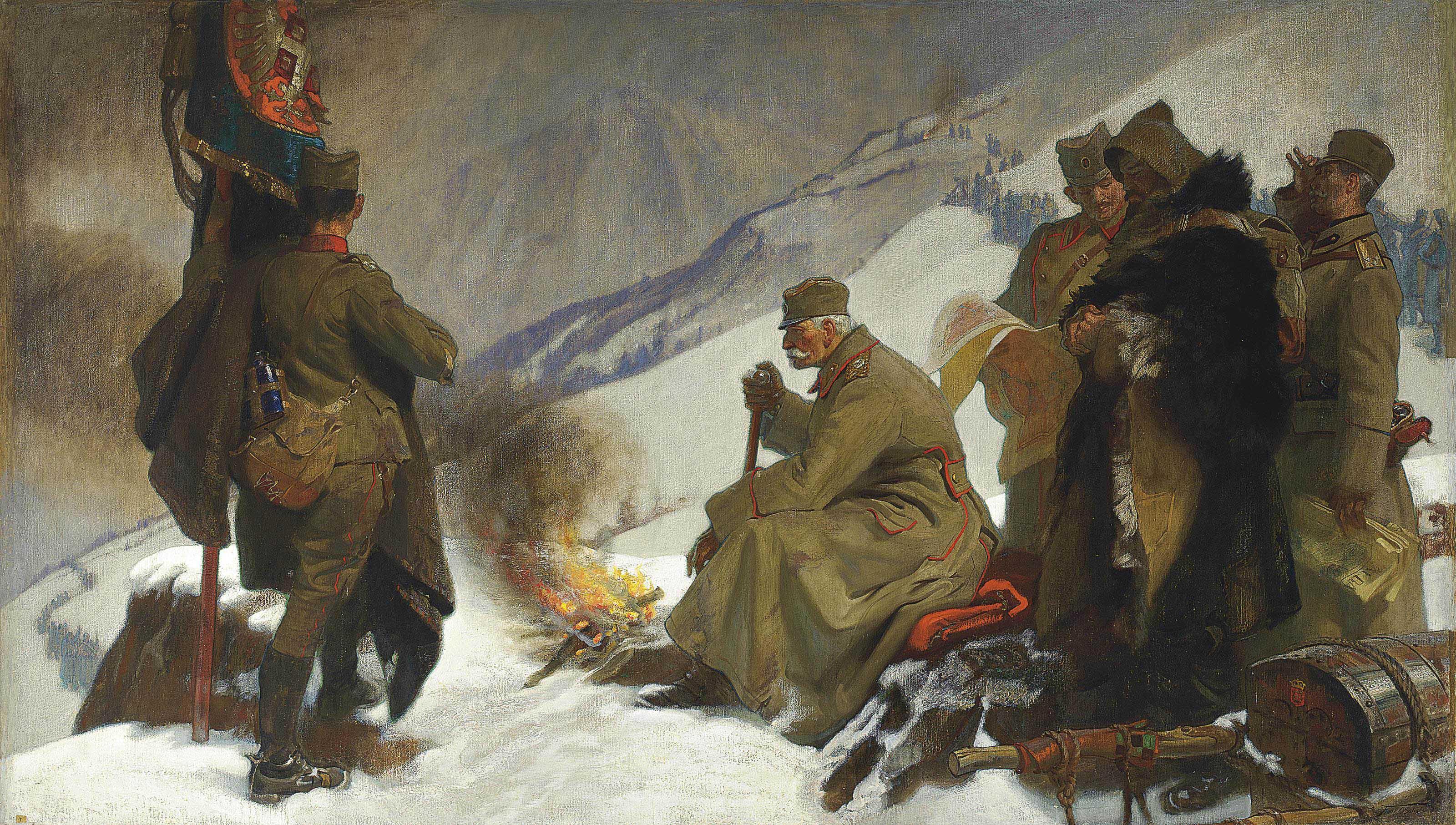 Francis Owen Salisbury, R.I., R.O.I., R.P. - King Peter of Serbia retreating across the Albanian Mountains, 1915