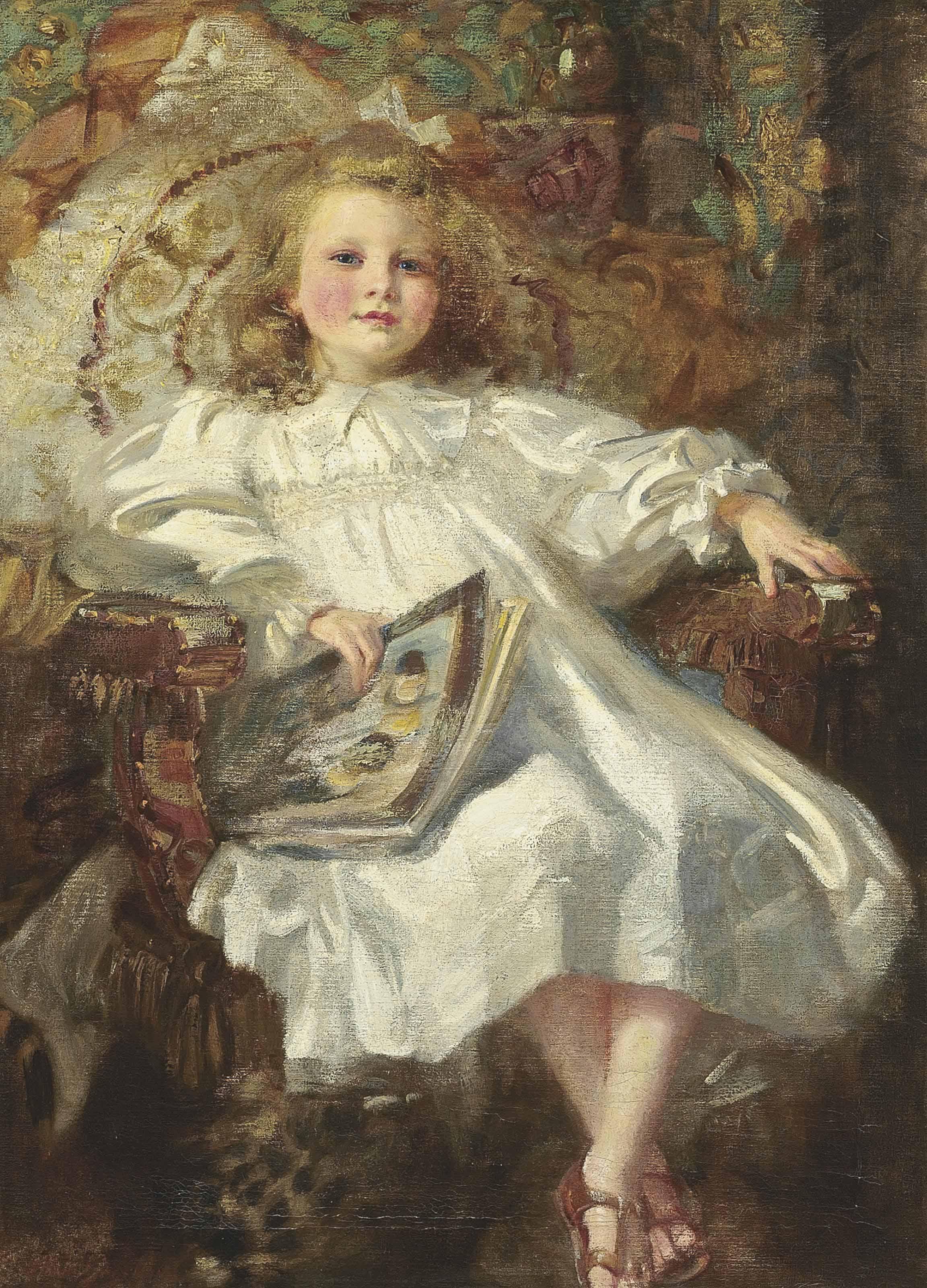 Francis Owen Salisbury, R.I., R.O.I., R.P - Portrait of a young girl, seated full-length, in a white dress and sandals