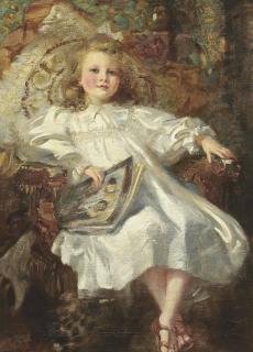 Francis Owen Salisbury, R.I., R.O.I., R.P - Portrait of a young girl, seated full-length, in a white dress and sandals