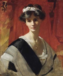 Francis Owen Salisbury, R.I., R.O.I. - Portrait of Mrs Florence Cox, née Lane, half-length, in a white dress with a black sash