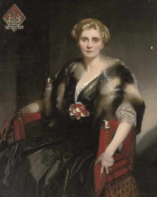 Francis Owen Salisbury, R.I., R.O.I. - Portrait of Mrs Stephen Cox, three-quarter-length, in a fur wrap, the Spero coat of arms to the upper left