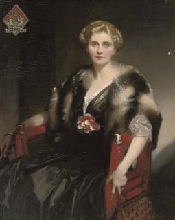 Francis Owen Salisbury, R.I., R.O.I. - Portrait of Mrs Stephen Cox, three-quarter-length, in a fur wrap, the Spero coat of arms to the upper left